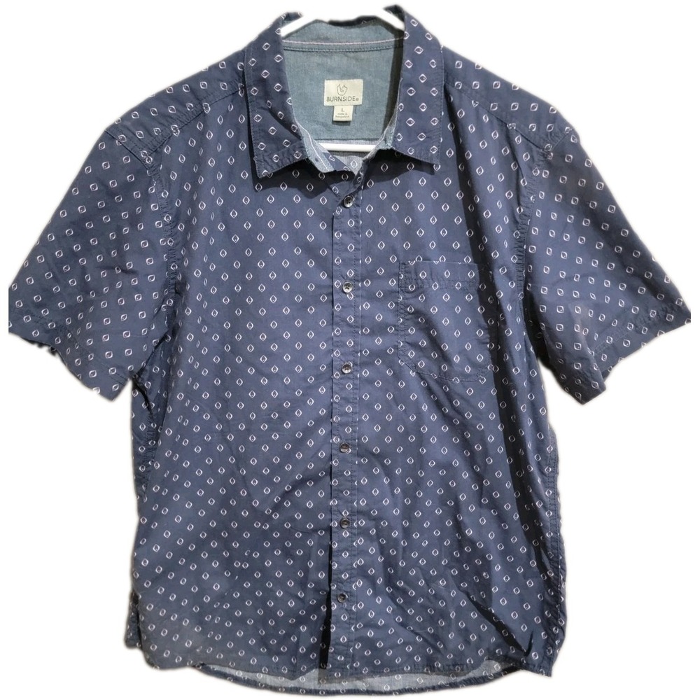 Burnside Mens L Short Sleeve Button Down Shirt Navy Geometric Casual Beach Party